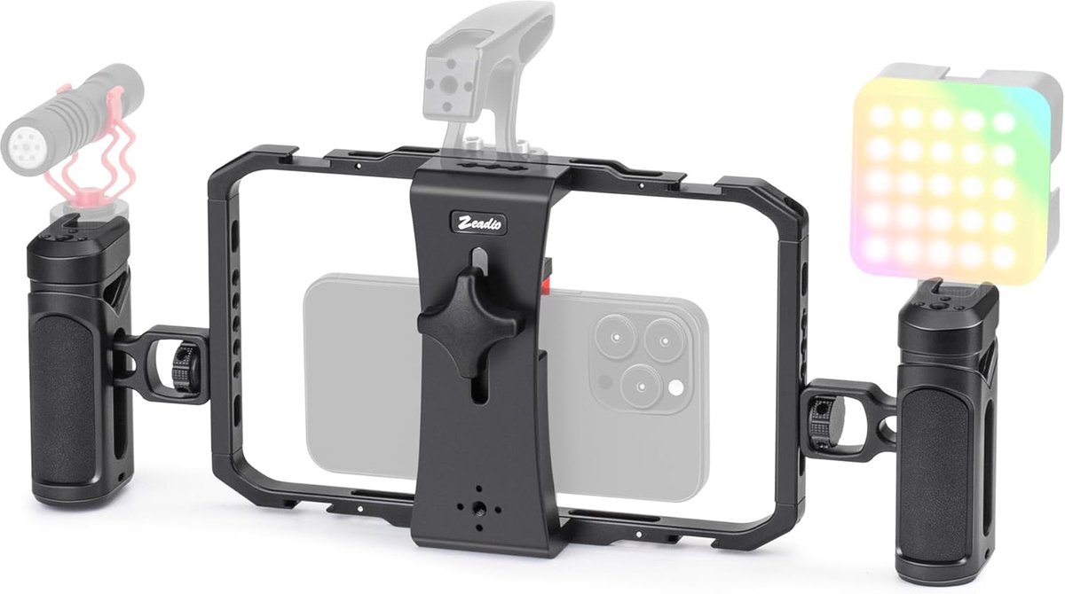 Thijox - Zeadio Telefoon Video Cage met Quick Release Roterende Handgrepen - Universele Aluminium Mobiele Telefoonstand voor Opnemen, YouTube, Live St