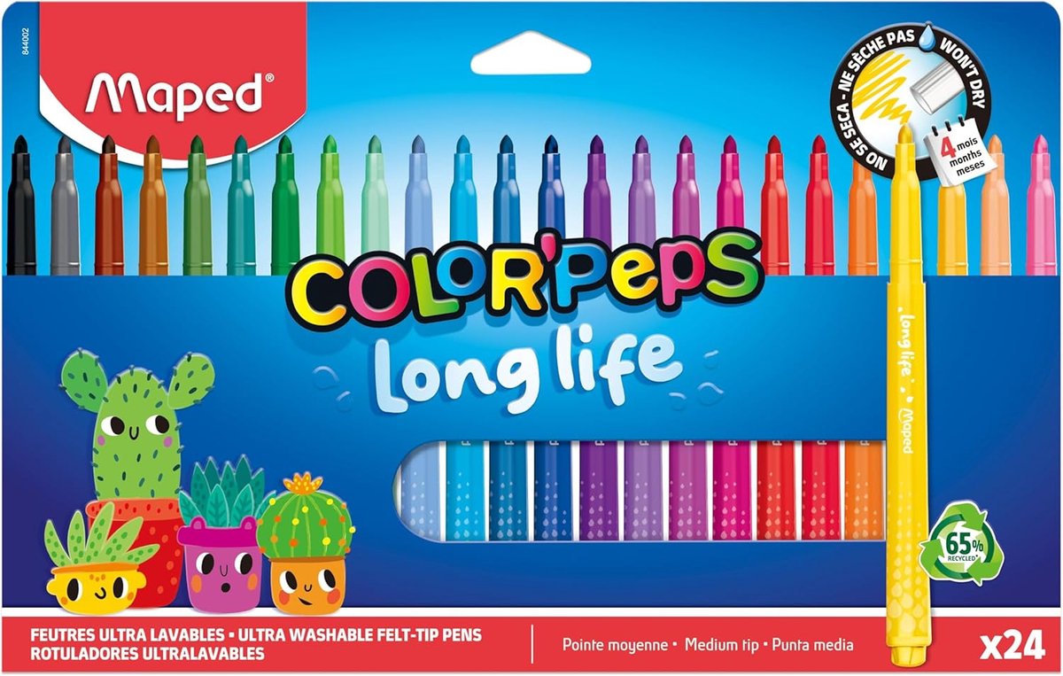 SnelShoppen - Viltstiften Wasbaar - Color Pep's Long Life - 24 Stuks - Schoolbenodigdheden - Droogt Niet Uit - Heldere Kleuren - Creatieve Activiteite