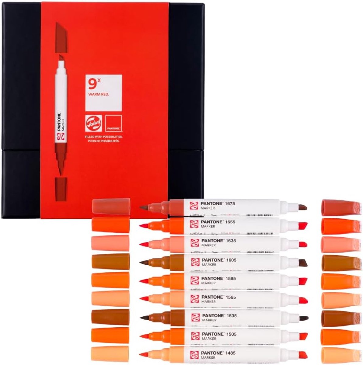 Thijox - Pantone Marker Set van 9 Warm Rood | Duo-Tip Pen met Brush en Bijtelpunt | Gepigmenteerde Inkt op Waterbasis | Creatief tekenen, schilderen,