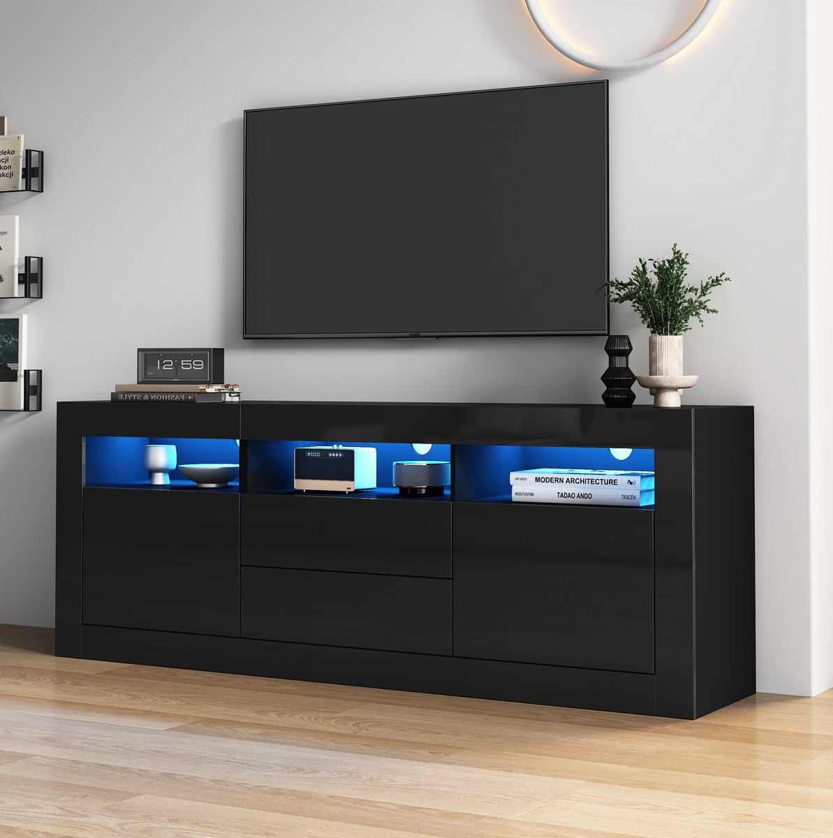 COVREO TV meubel 160 x 35 x 60 cm - hoogglans zwart, LED-verlichting, 2 lades en 2 deuren
