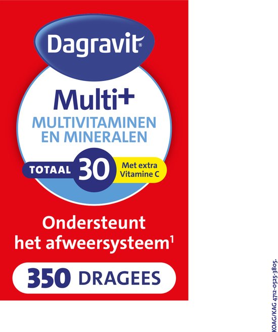 Dagravit Multi+ verpakking: multivitaminen en mineralen, totaal 30, met extra vitamine C. Ondersteunt het afweersysteem. 350 dragees.
