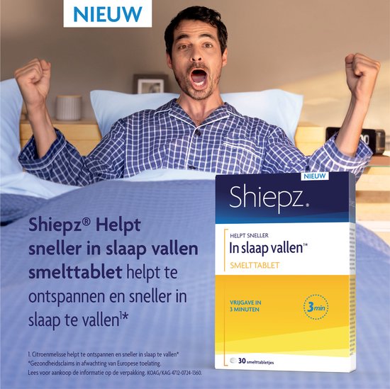 Man in bed met Shiepz. Helpt sneller in slaap vallen, smelttablet.