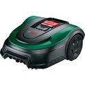Groene en zwarte Bosch robotmaaier met grote zwarte wielen en een rode stopknop.