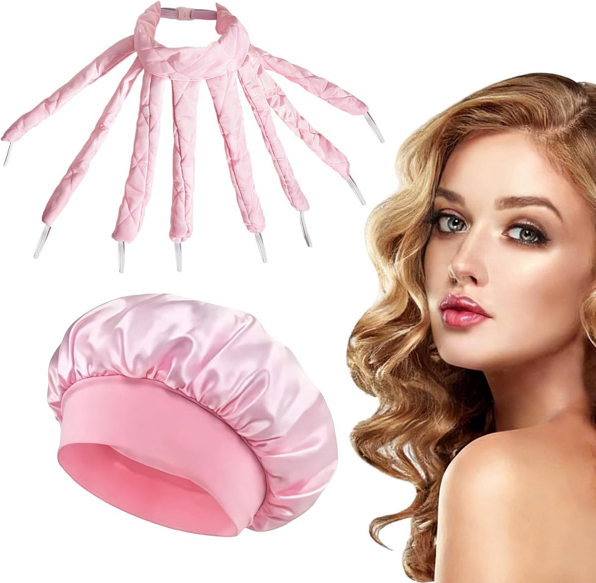 Thijox - 2-delige Octopus hittevrije krulset met zijden nachtcap, zachte band voor DIY-styling, veerkrachtige krullen en golven voor lang haar (Roze)
