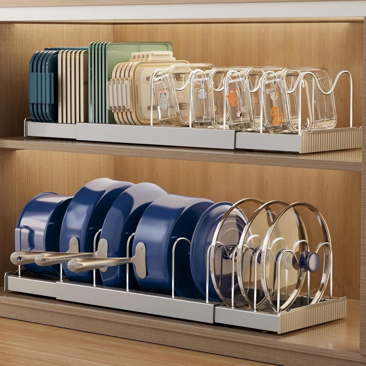 Thijox - 2 Stuks Uitbreidbare Voedselopslag Container met Deksel Organisatoren - 22 Inch Potten en Pannen Organizer Onder Kast - 9 Verstelbare Verdele