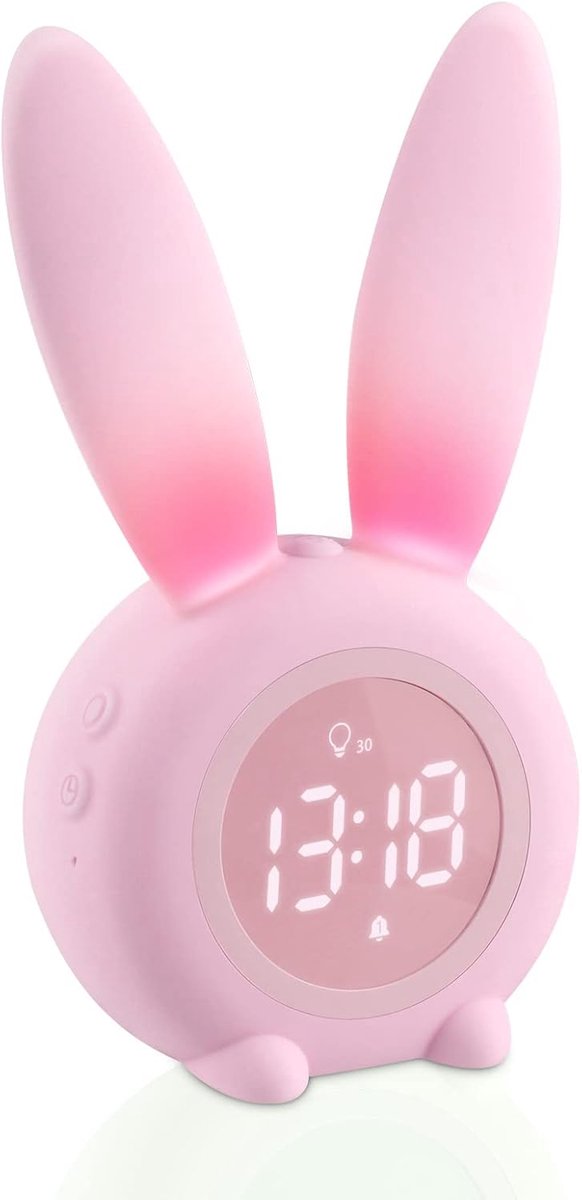 SnelShoppen - Light Alarm Clock, Schattige Konijn Bedlampje met Snooze Functie, Automatische Tijd/Datum/Temperatuur Weergave, Nachtlampje, Cadeau voor
