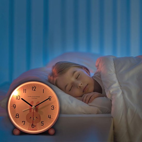 Kinderwekker, stil, geen tikkende lichtwekker voor meisjes en jongens, draagbare wekker op batterijen (zonder batterij) voor kinderkamer nachtkastje bureau - roze konijn — afbeelding 2