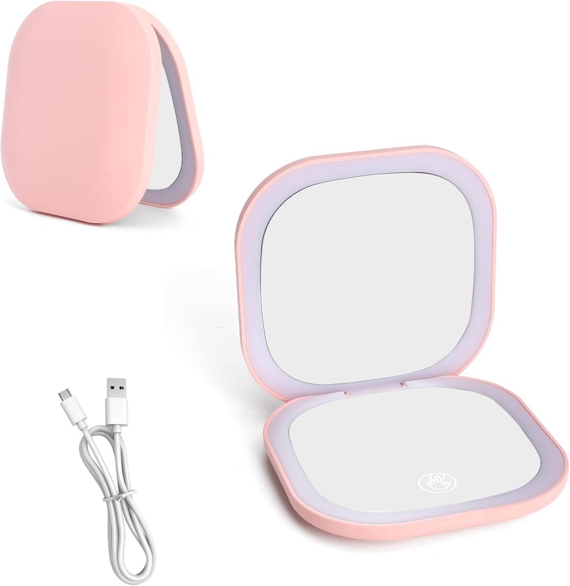 Thijox - Zakspiegel met LED, 5x vergroting, dubbelzijdig, inklapbaar, USB-oplaadbaar, 3 kleuren verlichting, handspiegel voor make-up, compact voor re