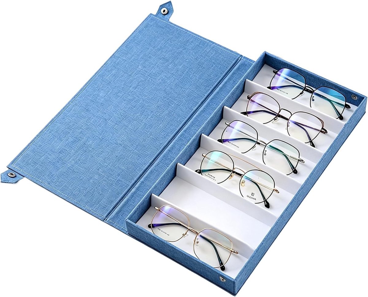 Opbergdoos voor brillen met 6 vakken en flip-top-design, stofdichte organizer voor zonnebrillen en leesbrillen, perfect voor thuisgebruik en onderweg