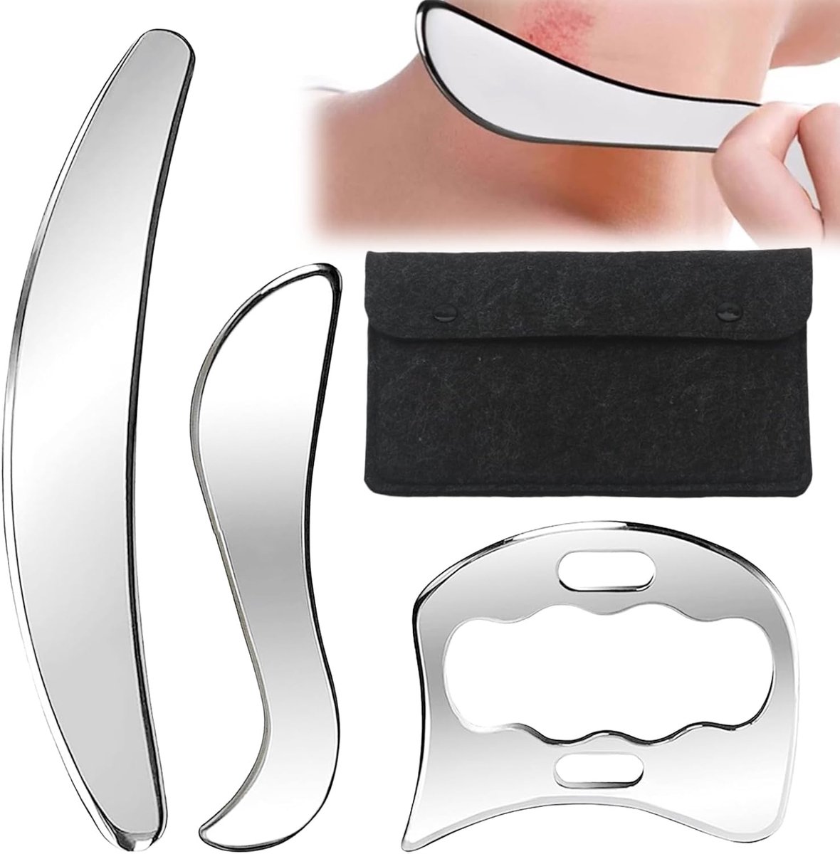 Thijox - Gua Sha Toolset 3 Stuks - Roestvrij Staal Spierschraper - Triggerpoint Massage Apparatuur voor Spierfascia - Lichaamsmassage Tools voor Rug e
