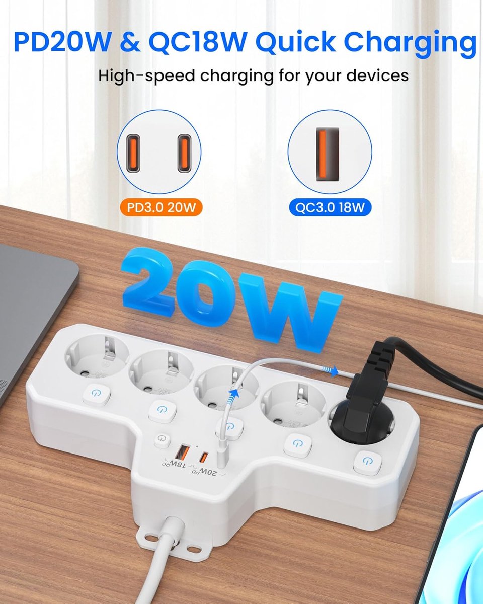 Thijox - Stekkerdoos met Platte Stekker 5-Voudig Stopcontact Splitter met Schakelaar en Kinderbeveiliging, USB Power Strip 2M Kabel voor Achter Meubel