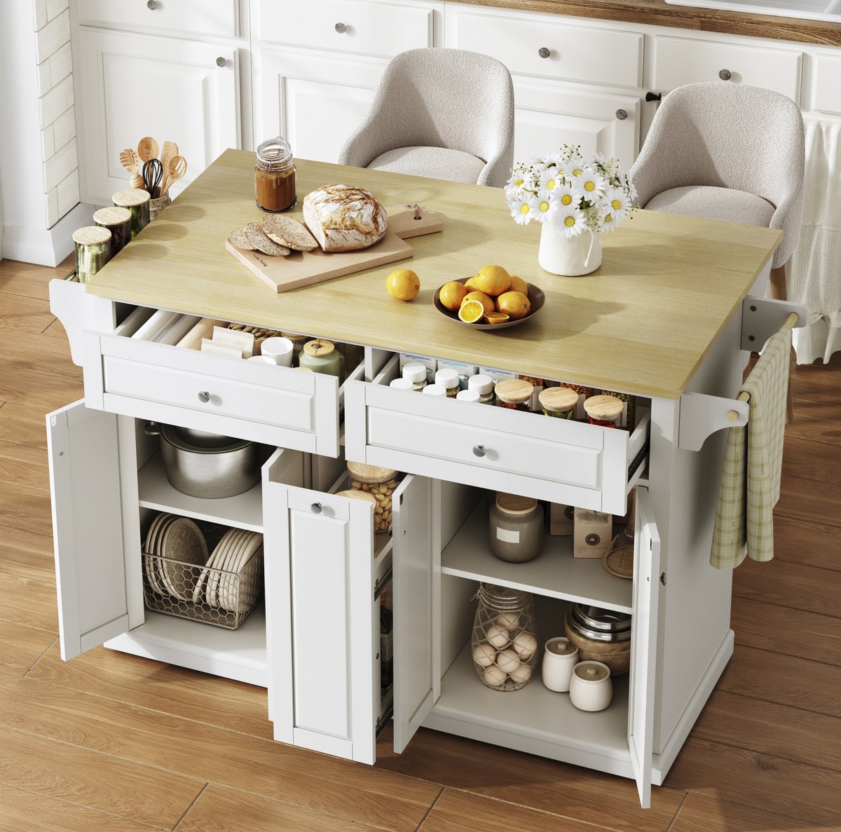 OKWISH Keukenkast - Mobiel Keukeneiland Met Klapbaar Werkblad - 121 x 49 69 x 89 cm - 4 Lades En Opbergruimte - MDF Naturel Wit