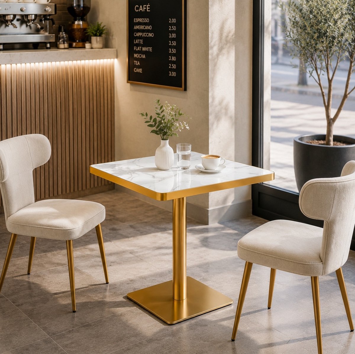 OKWISH Eettafel - Vierkante Marmerlook Tafel - 60x60x74 cm - Voor 2-4 Personen - Compact V