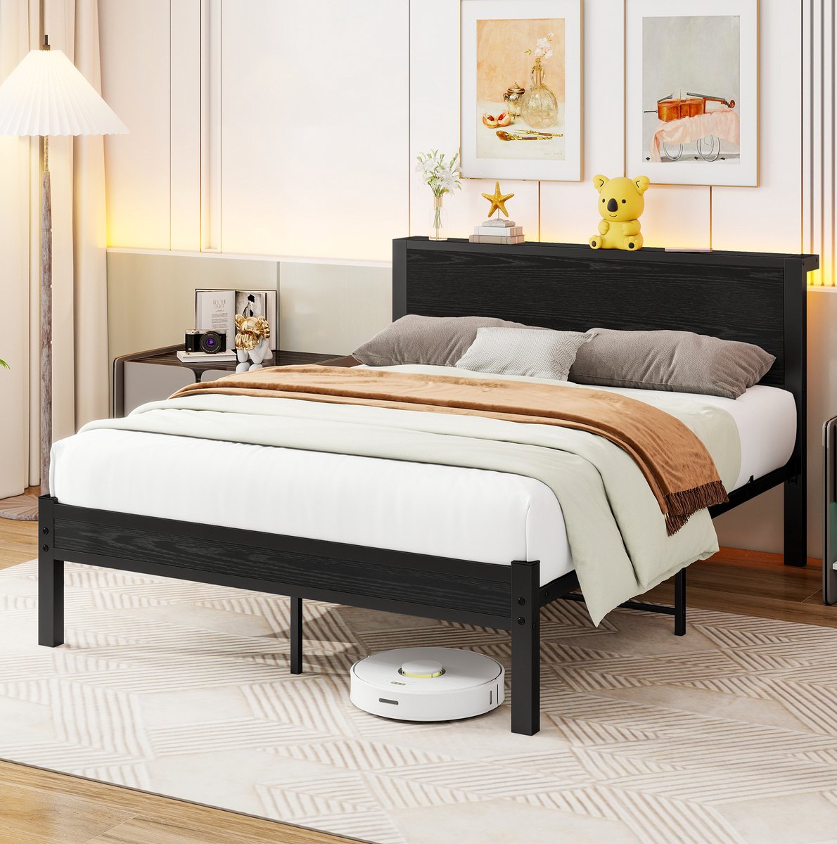 STILVORA Bed 120x200 cm – Metalen Bedframe Met Hoofdbord – Lattenbodem Zonder Boxspring – Onderbedberging – Zwart – Zonder Matras