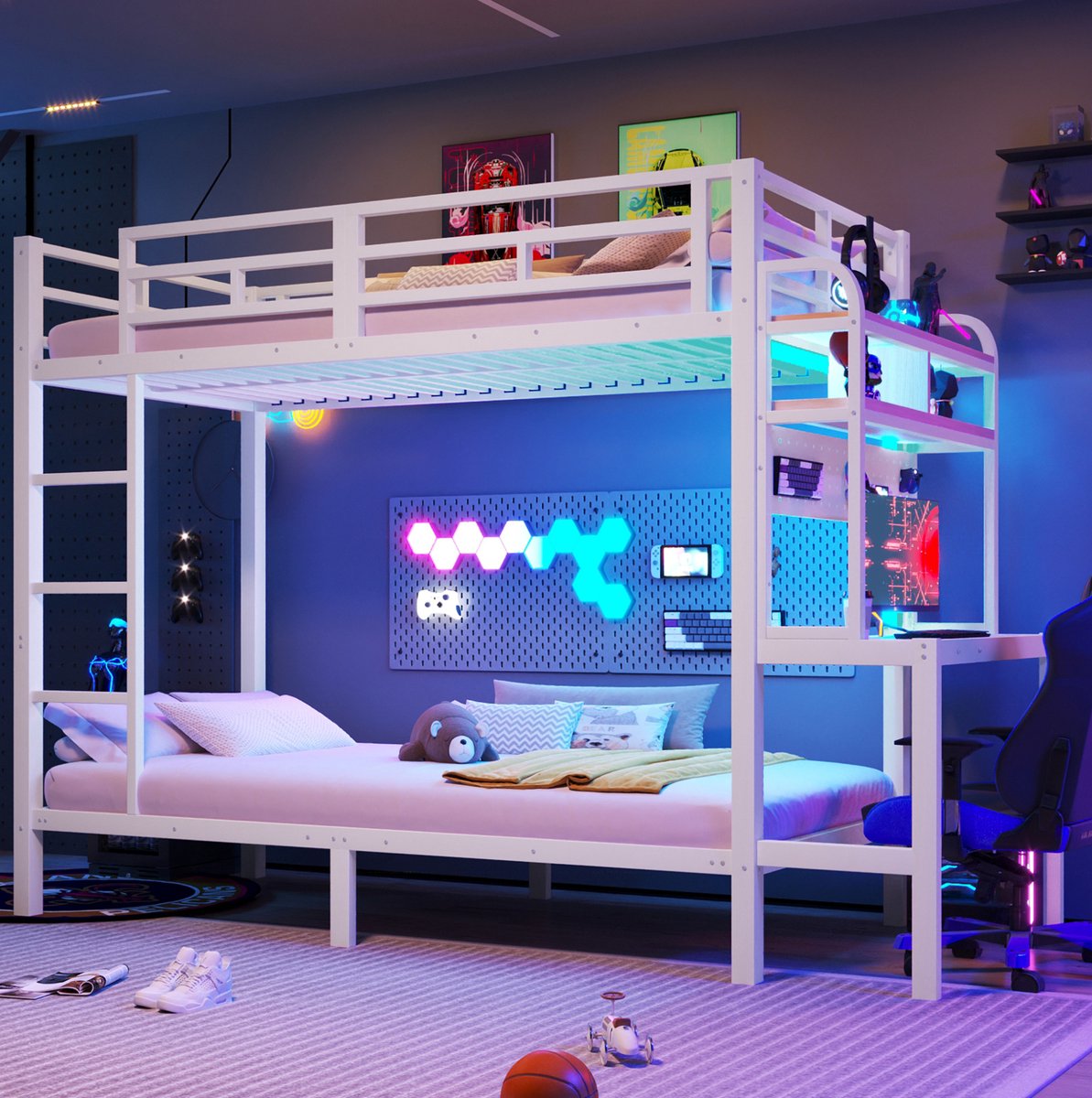 OKWISH Stapelbed 90 x 200 cm - Met Bureau, Led en USB - Met Opbergruimte en Ladder - Voor Kinderkamer - Metaal en MDF - Wit - Zonder Matras