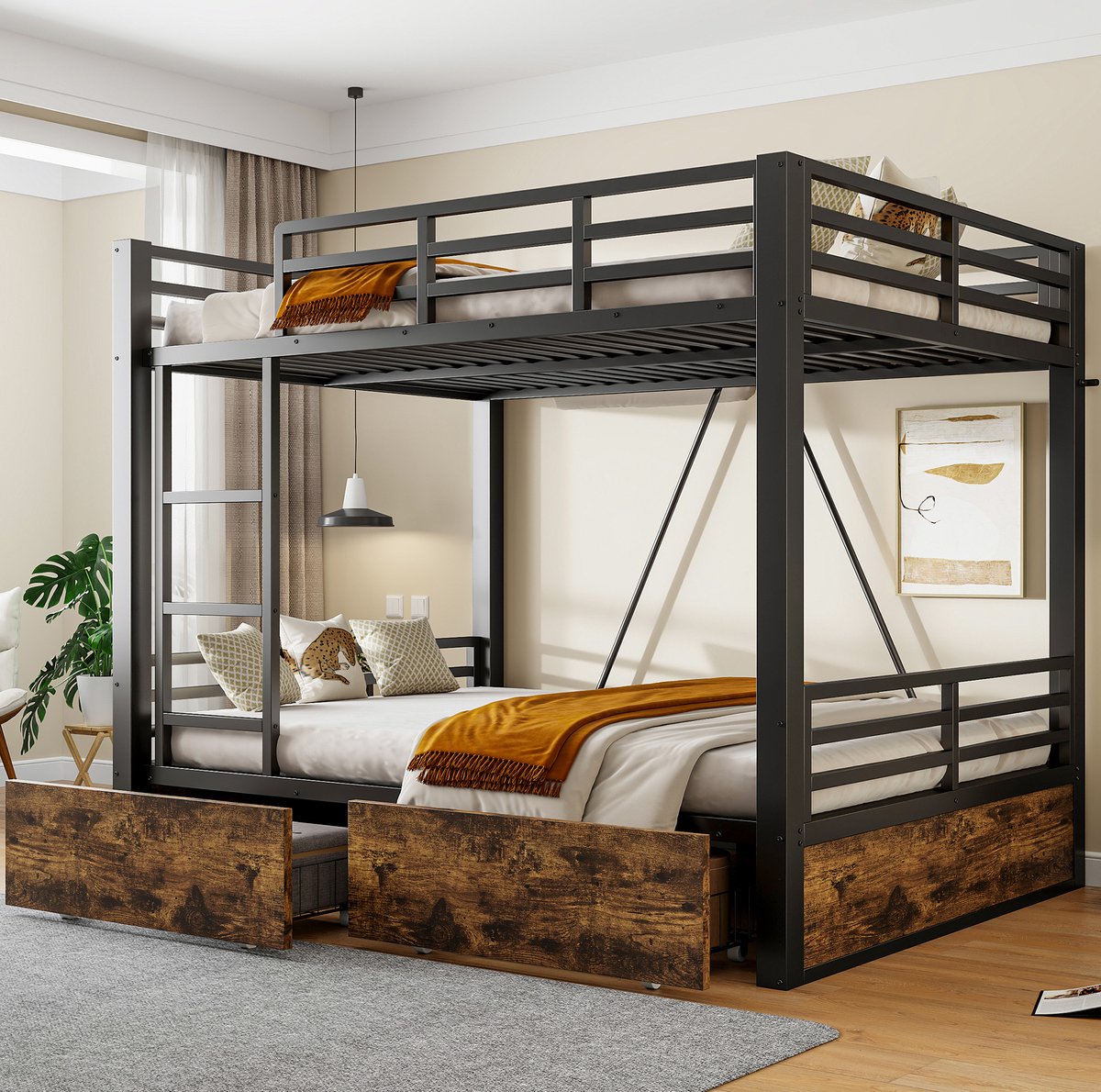 STILVORA Stapelbed 140x200 cm – Met Trap En Veiligheidshek – Opberglades Voor Kinderkamer – Metaal En Hout – Zwart – Zonder Matras