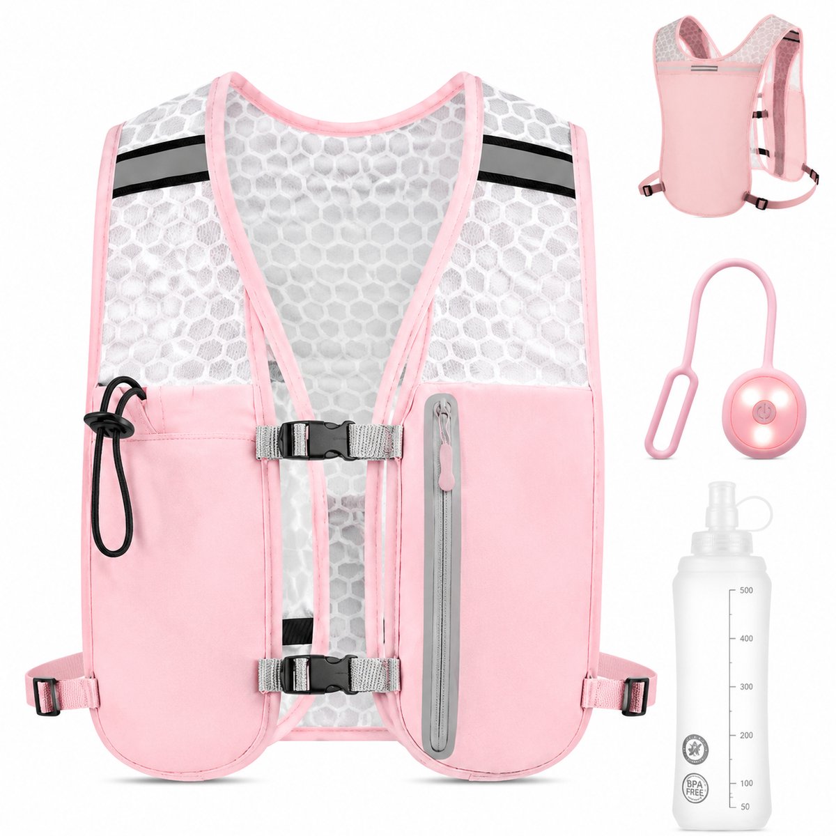 Namajunas-Hardloopvest-Hardloopvest met Waterzak-Lichtgewicht Trail Running- 500ml Opvouwbare Waterfles-Reflecterende Strepen-LED Veiligheidslamp-Ademend Mesh Voor Marathon Hardlopen Wandelen-Roze