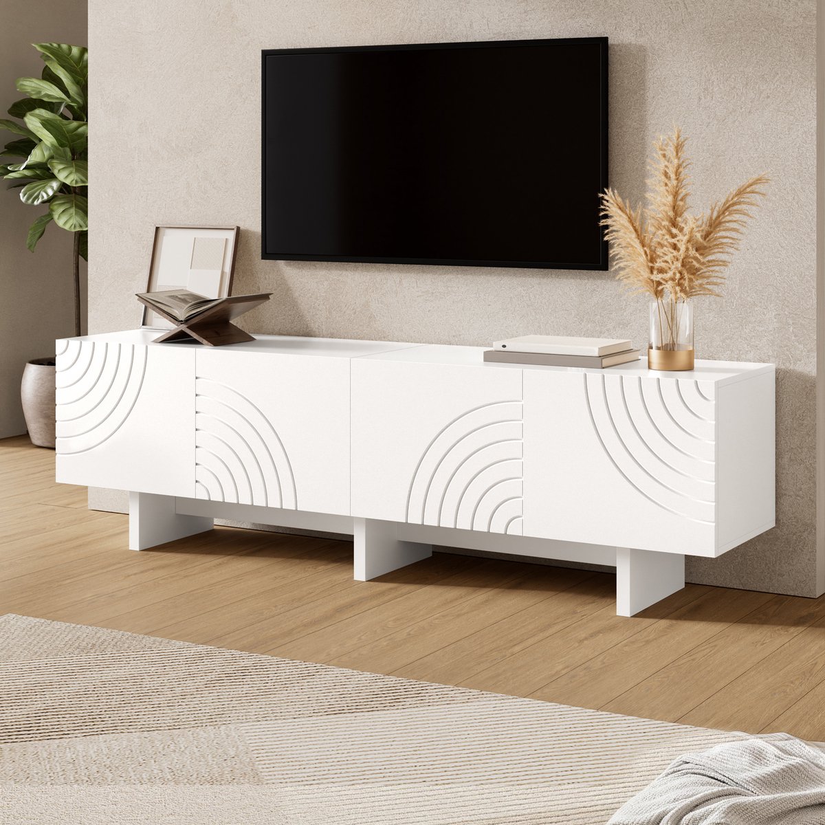 Clruro TV-Meubel - Lowboard met 4 Deuren en Geometrisch Boogpatroon - Opbergruimte - Wit