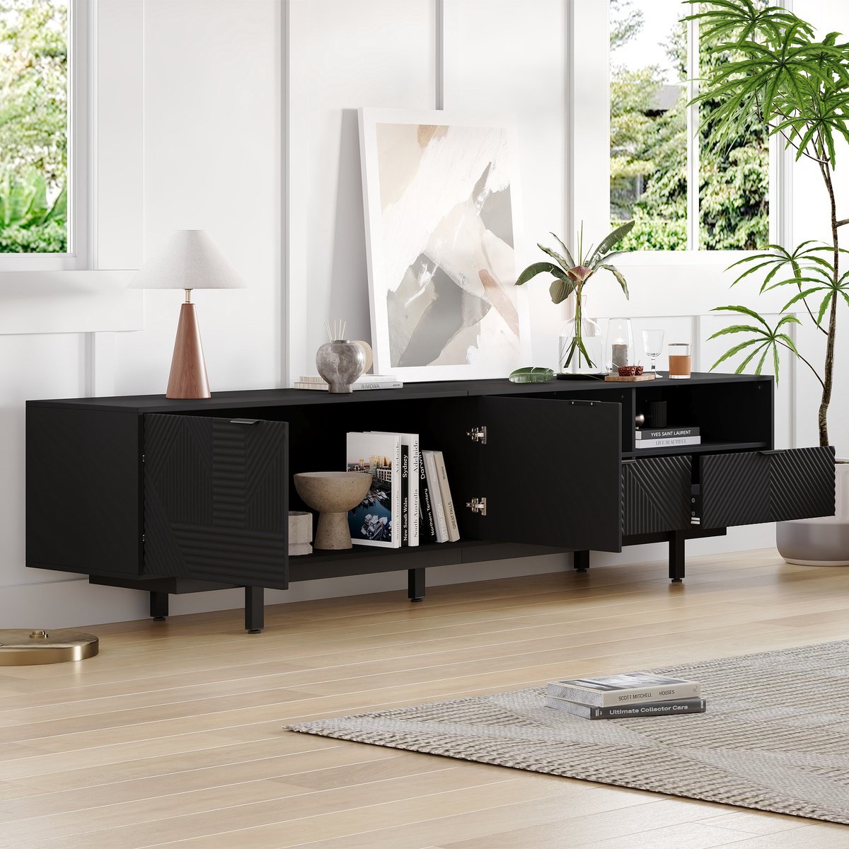 Clruro TV-Meubel - 200 x 40 x 51 cm - Boho Lowboard met Geometrische Lijnen - Voor 90 Inch TV Zwart