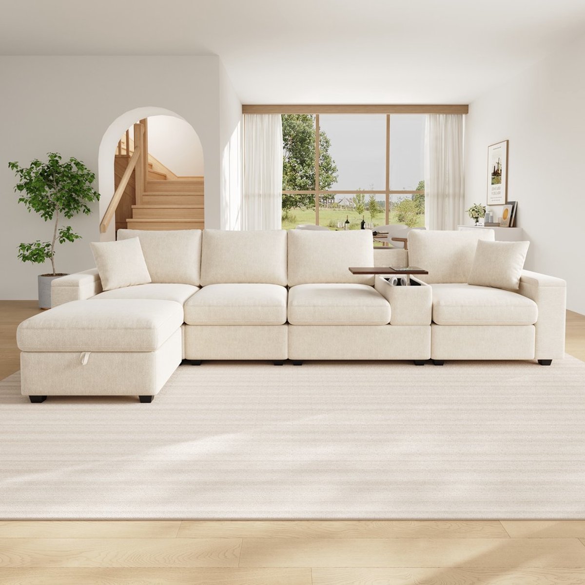 KOMHTOM - Modulaire L-vormige Bank - Beige Kleur - Met Voetenbank - Multifunctionele Hoekb