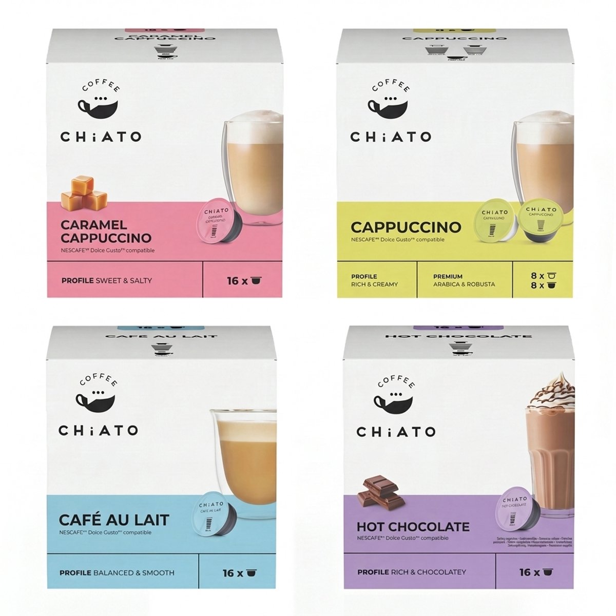 Koffiecapsules compatibel met NESCAFÉ® Dolce Gusto® CHiATO Caramel Cappuccino, 16 st.
