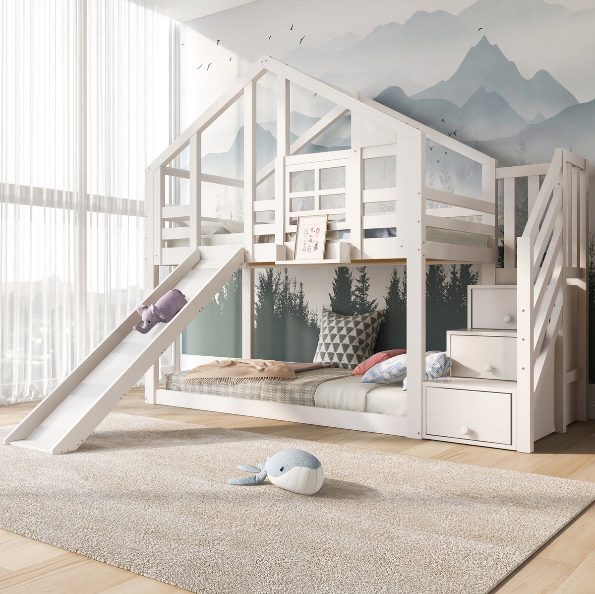 MEUNIQ Kinder hoogslaper boomhut 90 x 200 cm met glijbaan, opbergruimte, uitvalbeveiliging en lattenbodem voor kinderkamer in wit