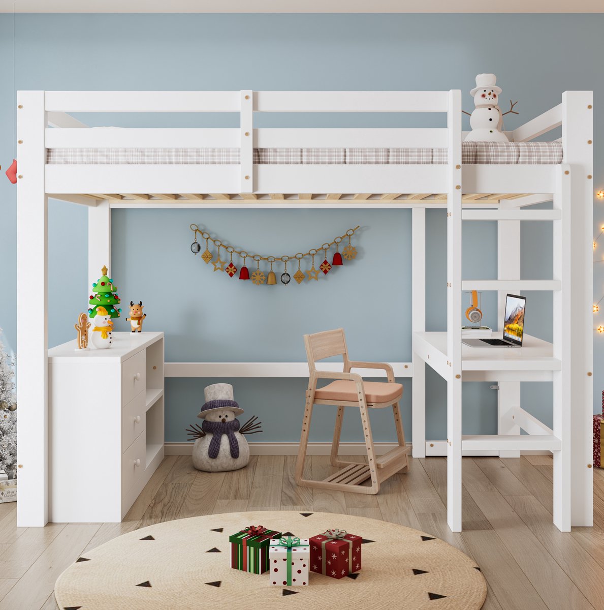 MEUNIQ Hoogslaper kinderbed 90x200 cm met bureau, ladekast, opbergrek en vierstaps ladder, wit, voor de kinderkamer