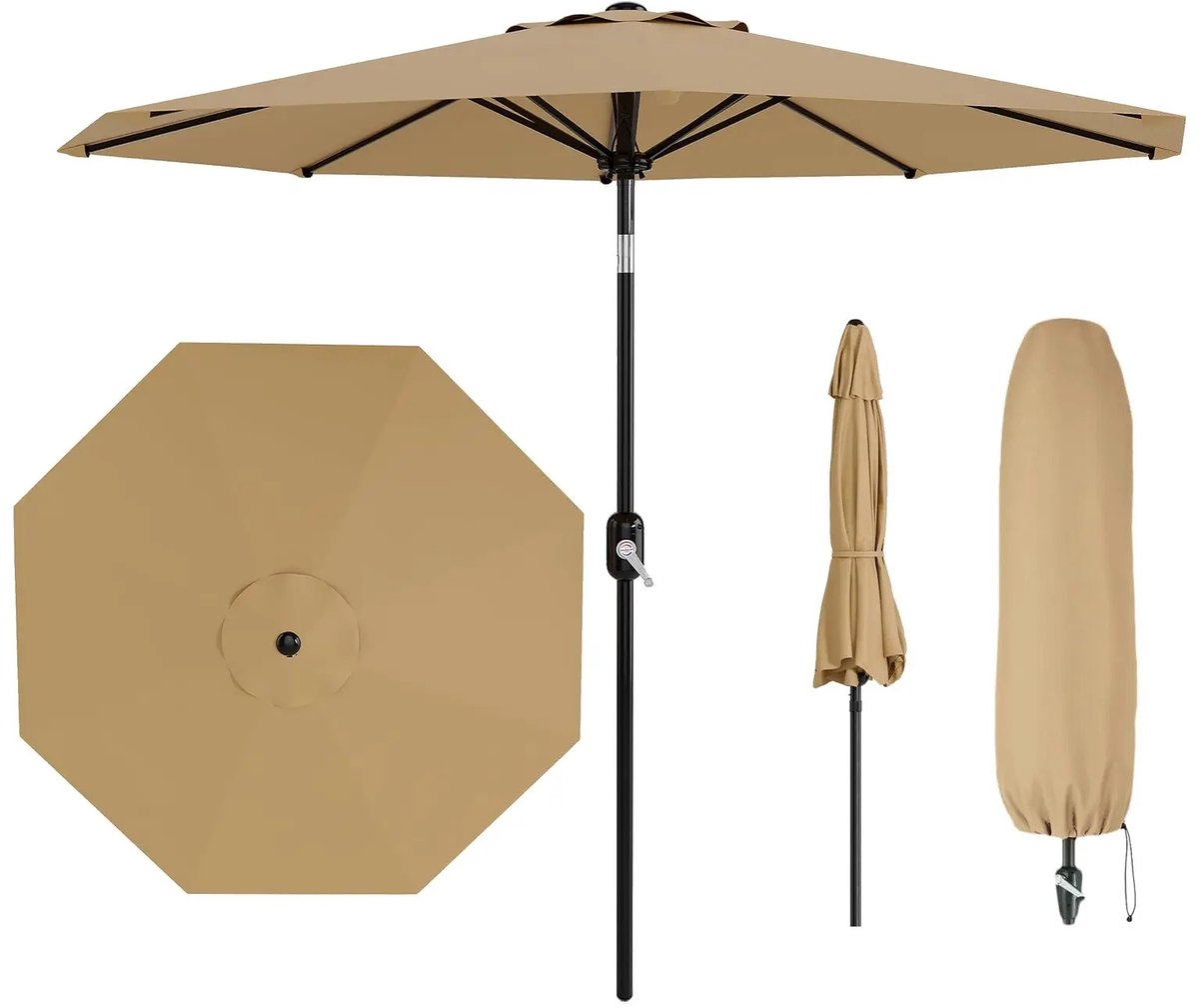 Lilac & Lily Parasol met kantelfunctie - 2,7m Ø – UPF 50+ UV-Bescherming - Waterafstotend & Regenbestendig - Draaihendel - Beige