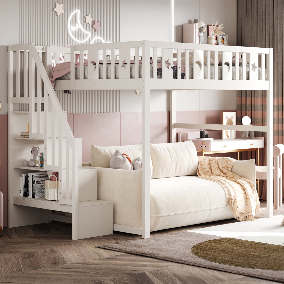 MEUNIQ Kinderhoogslaper 140 x 200 cm met trap, geïntegreerd opbergrek en gezellige zitruimte, voor kinderkamer, wit White