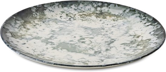 Plat bord met een marmerachtig patroon in wit, grijs en donkerblauw.