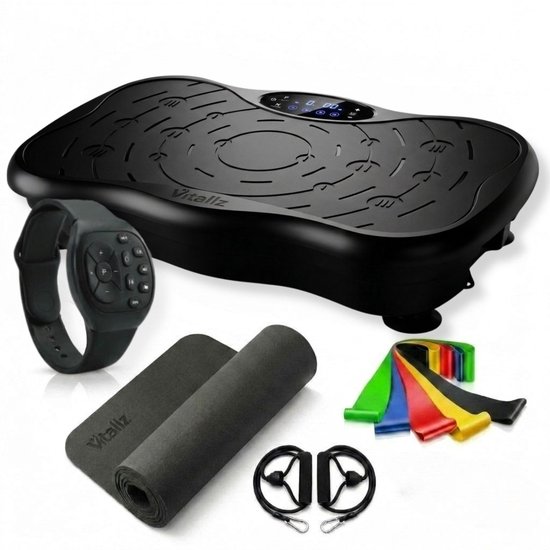 Zwarte Vitalzz trilplaat met opgerolde oefenmat, slim horloge en gekleurde weerstandsbanden.