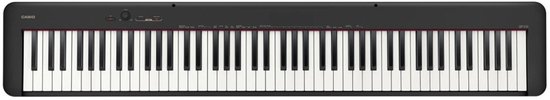 Zwarte Casio digitale piano met 88 toetsen, frontaal bekeken.