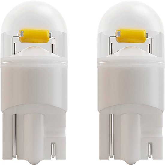 Twee witte LED-lampen, elk met een gele capsule, T10 fitting en metalen pinnetjes.