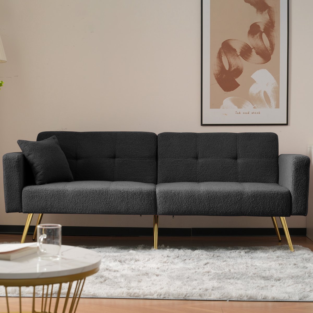 DESMIU Slaapbank 175 x 64 x 72 cm - Verstelbare Rugleuning Met Bedfunctie En Zijvakken - Voor Woonkamer En Logeerkamer - Stof Donkergrijs
