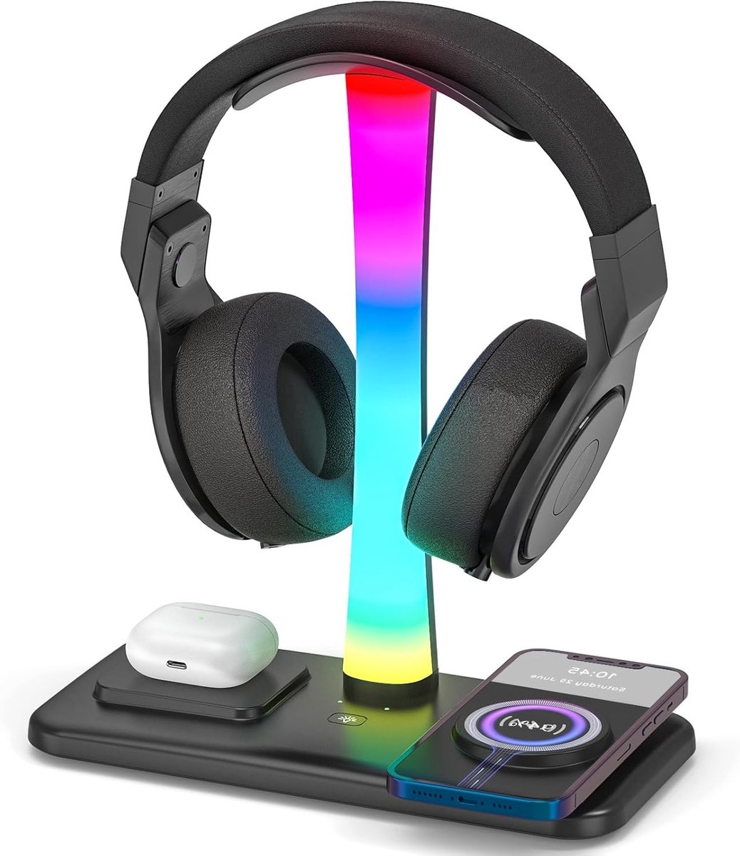 3-in-1 Gaming Headset Houder met Draadloze Oplader, RGB Verlichting en Geheugenfunctie voor Alle Hoofdtelefoons