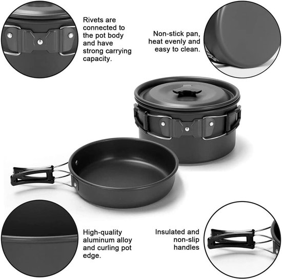 Camping kookset 7-delig – aluminium pannenset – lichtgewicht – compact – met waterketel en opbergtas — afbeelding 4