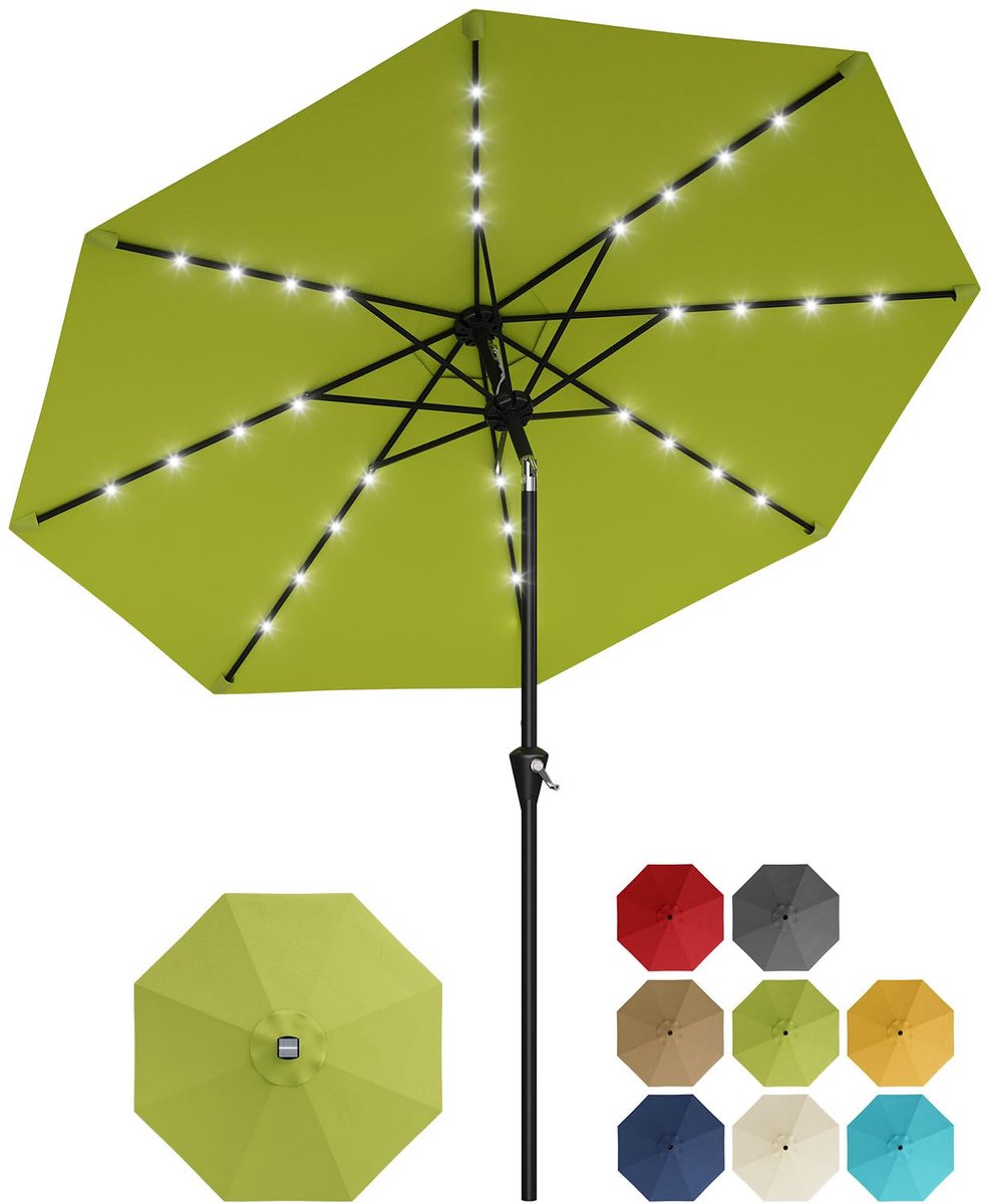 Parasol met Solar LED Verlichting - 300x300x240cm - Tuinparasol UV-bestendig met 8 Ribben en Kantelfunctie - Eenvoudig met Draaiknop - Zonder Voet - Voor Tuin Zwembad of Terras - Groen