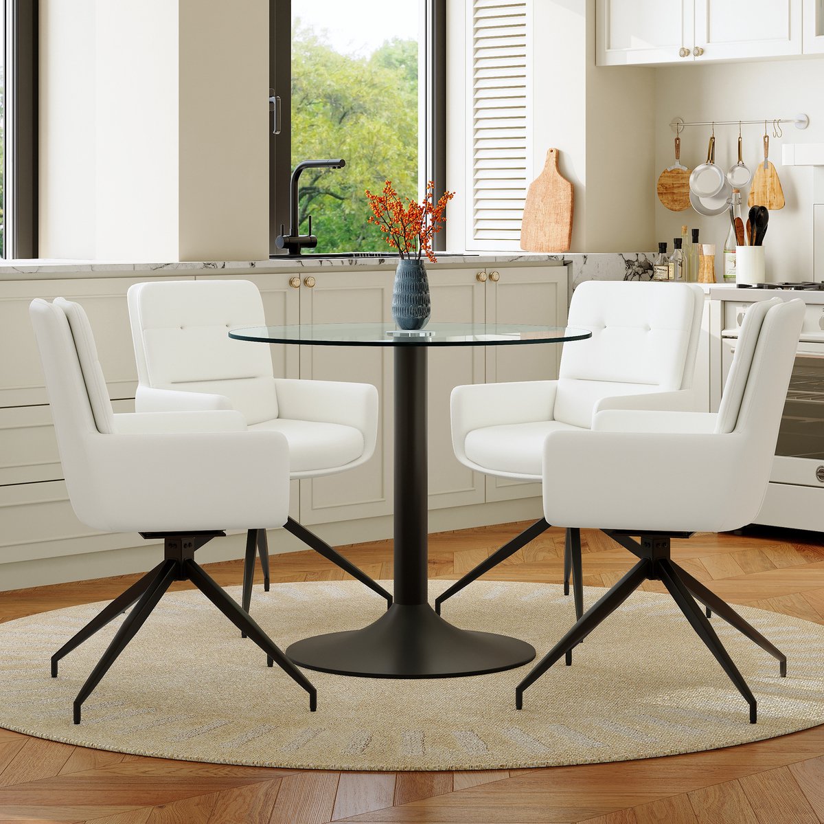 Set Tafel En Stoelen - Ronde Eettafel Met 4 Draaistoelen - 360 Graden Draaibaar En Comfortabel - Voor Eetkamer Of Café - Gehard Glas Zwart Wit