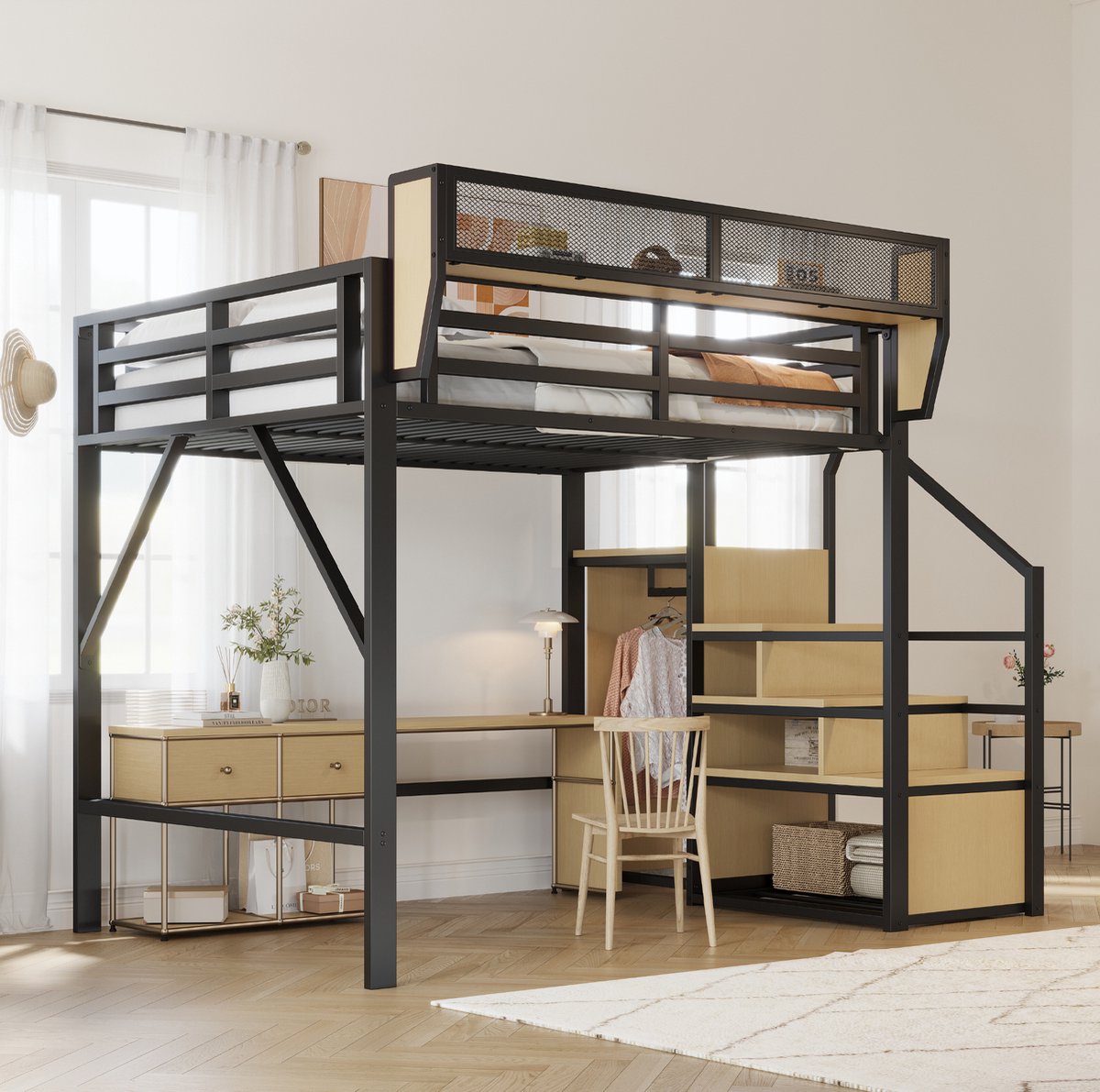 MEUNIQ Hoogslaper 140x200 cm met veiligheidsladder en flexibel opbergvak, metalen bedframe met MDF details, 255 x 145 x 191 cm, zwart