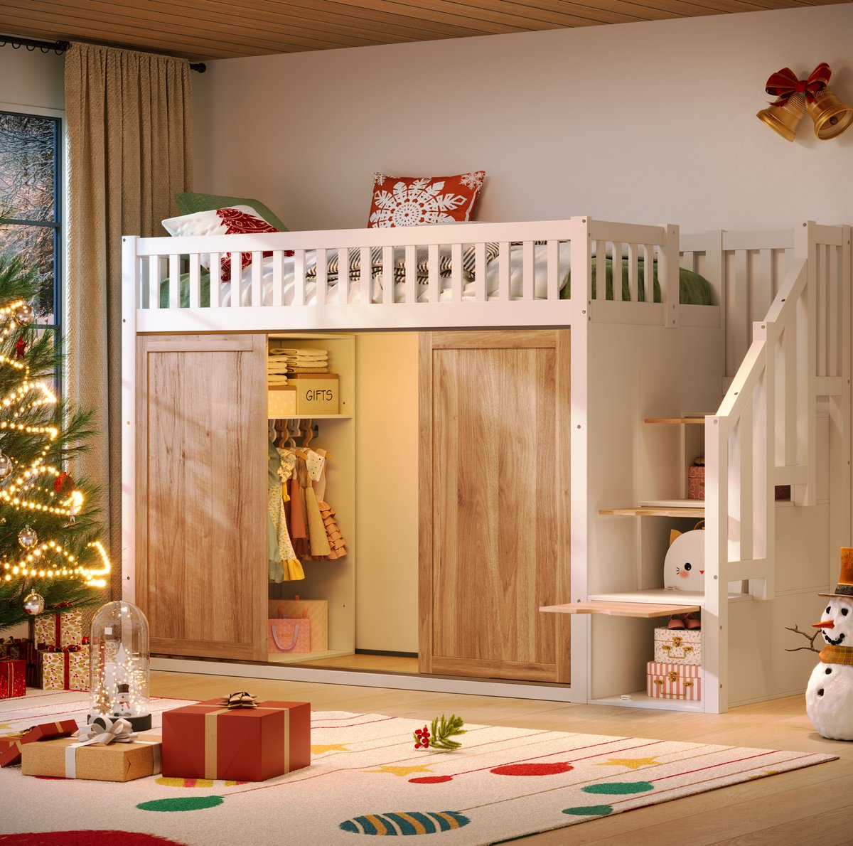 MEUNIQ Kinder hoogslaper 90 x 200 cm met geïntegreerde kledingkast, trapkast en lattenbodem, zonder matras, voor de kinderkamer, wit en eiken White+Oak