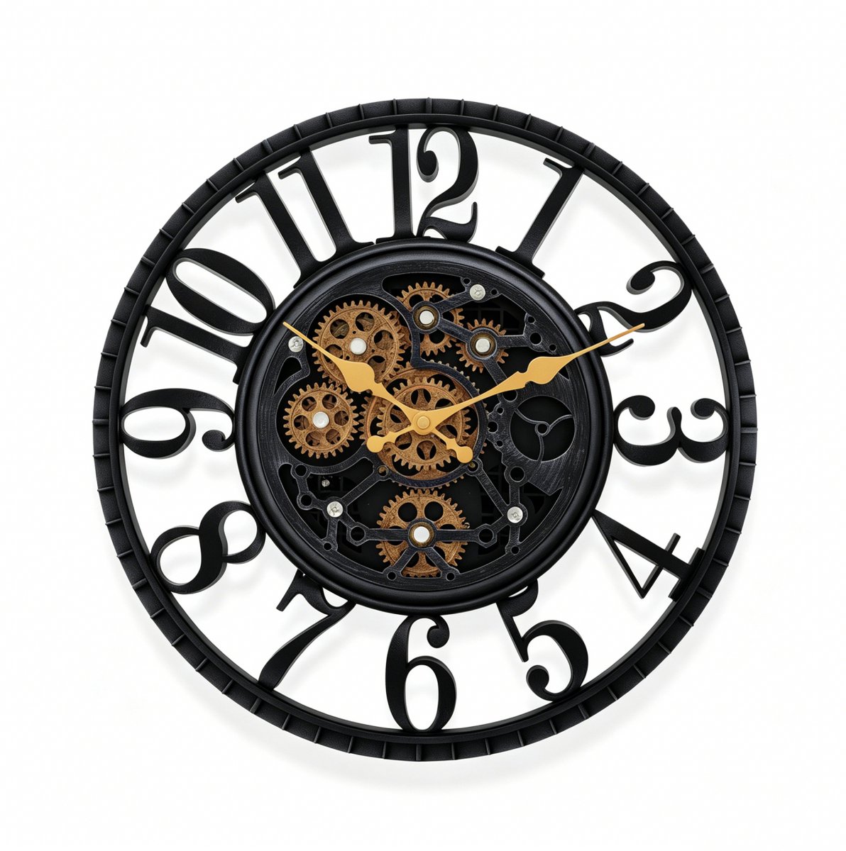 IvoQ Industriële Wandklok met Draaiende Tandwielen - Zwart & Goud - Stoere Muurklok - 40 cm