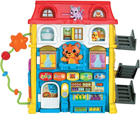 Kleurrijk speelhuis met rode dak, dieren en speelgoed-elementen.