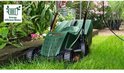 Groene Bosch grasmaaier in het gras, met icoon 'Energy Efficient Motor'.