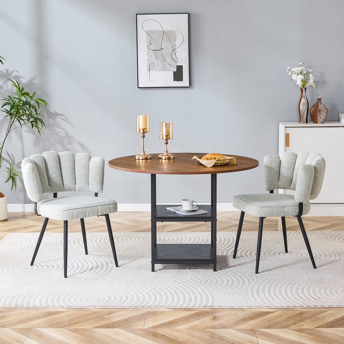 STILVORA Eettafelset - Ronde Eettafel Met Dubbele Opberglaag En 2 Bouclé Stoelen - Voor Kleine Eethoek - Hout Metaal - 107x107x75 Cm Lichtbeige