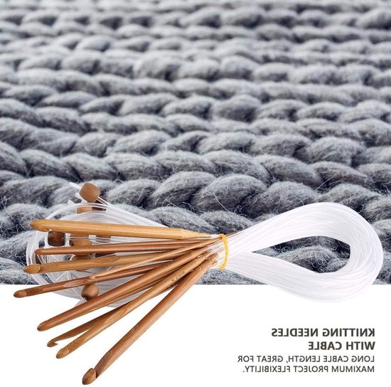 12-delige set haaknaalden van carbonized bamboe met plastic kabel, maat 3-10mm, ideaal voor breien en haken van Merkloos — afbeelding 5