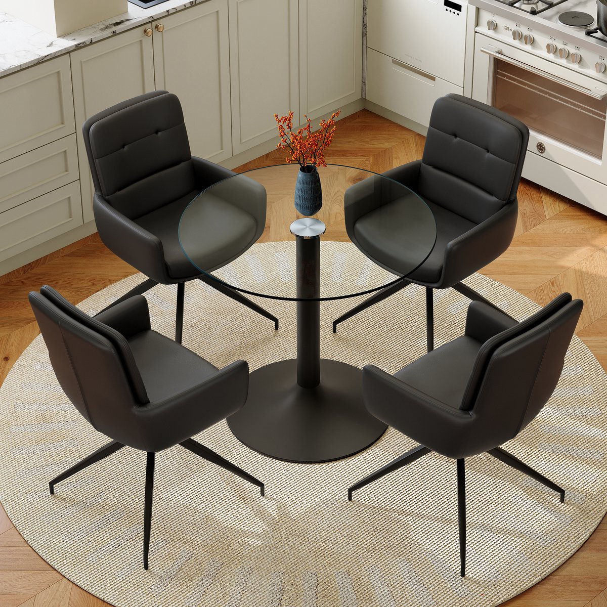 Eettafelset Ronde Eettafel 85 Cm Met 4 Draaibare Stoelen - Transparant Glas En Zwart Metaal - Voor Eetkamer En Woonruimte - Modern