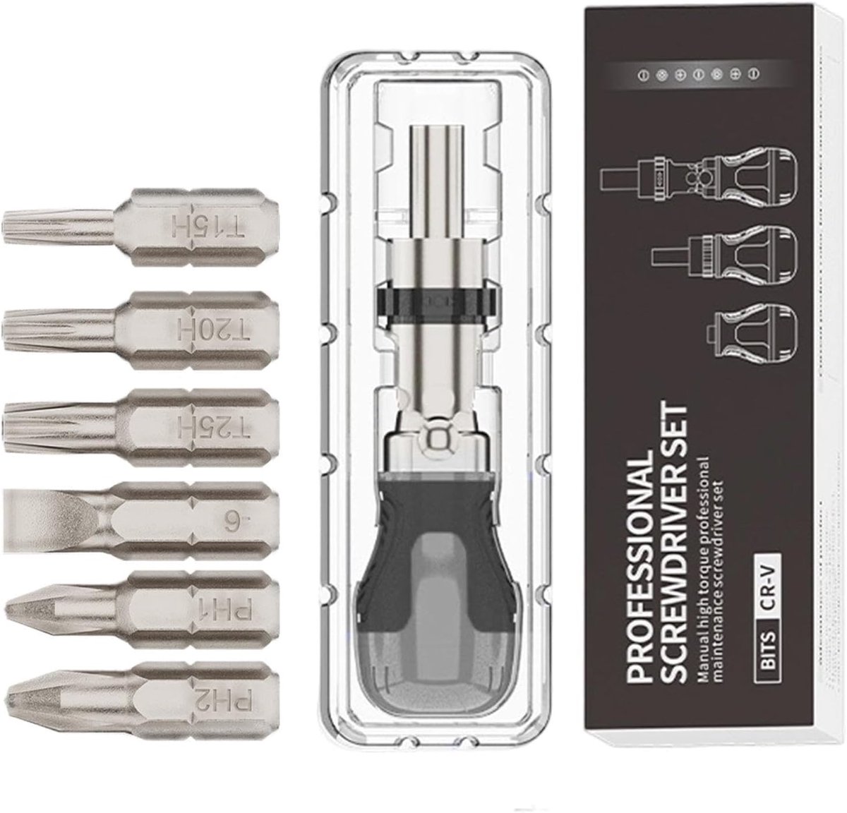 Magnetische Ratelschroevendraaier - Multi-bit Set - Klus Klussen - 180 Graden Verstelbaar - 7 Delig - Set A