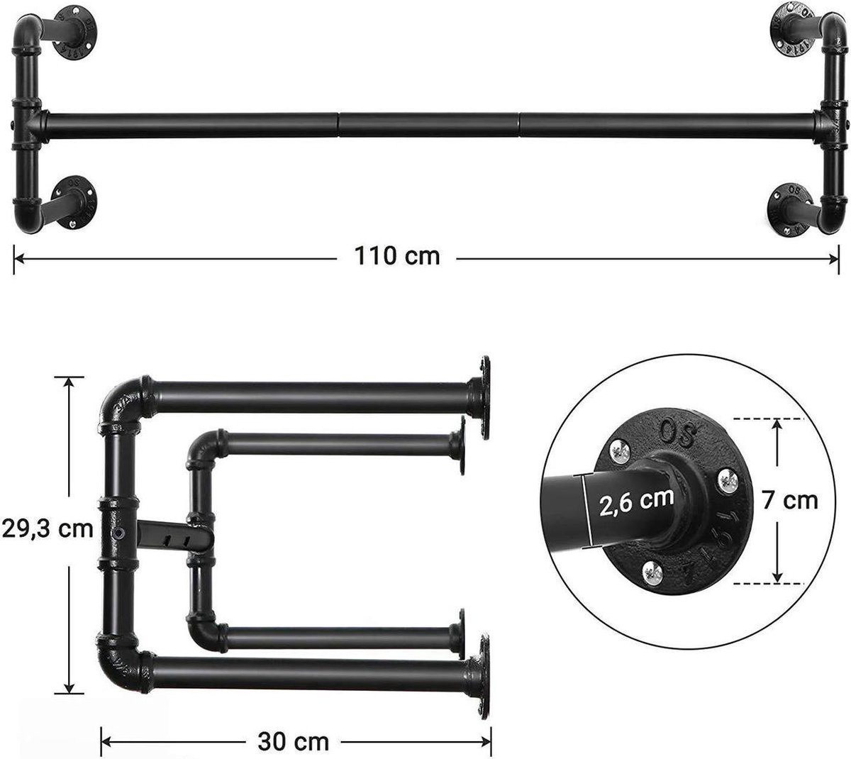FurnStar kledingrek - 110 x 30 x 29,3 cm - Zwart - Metaal