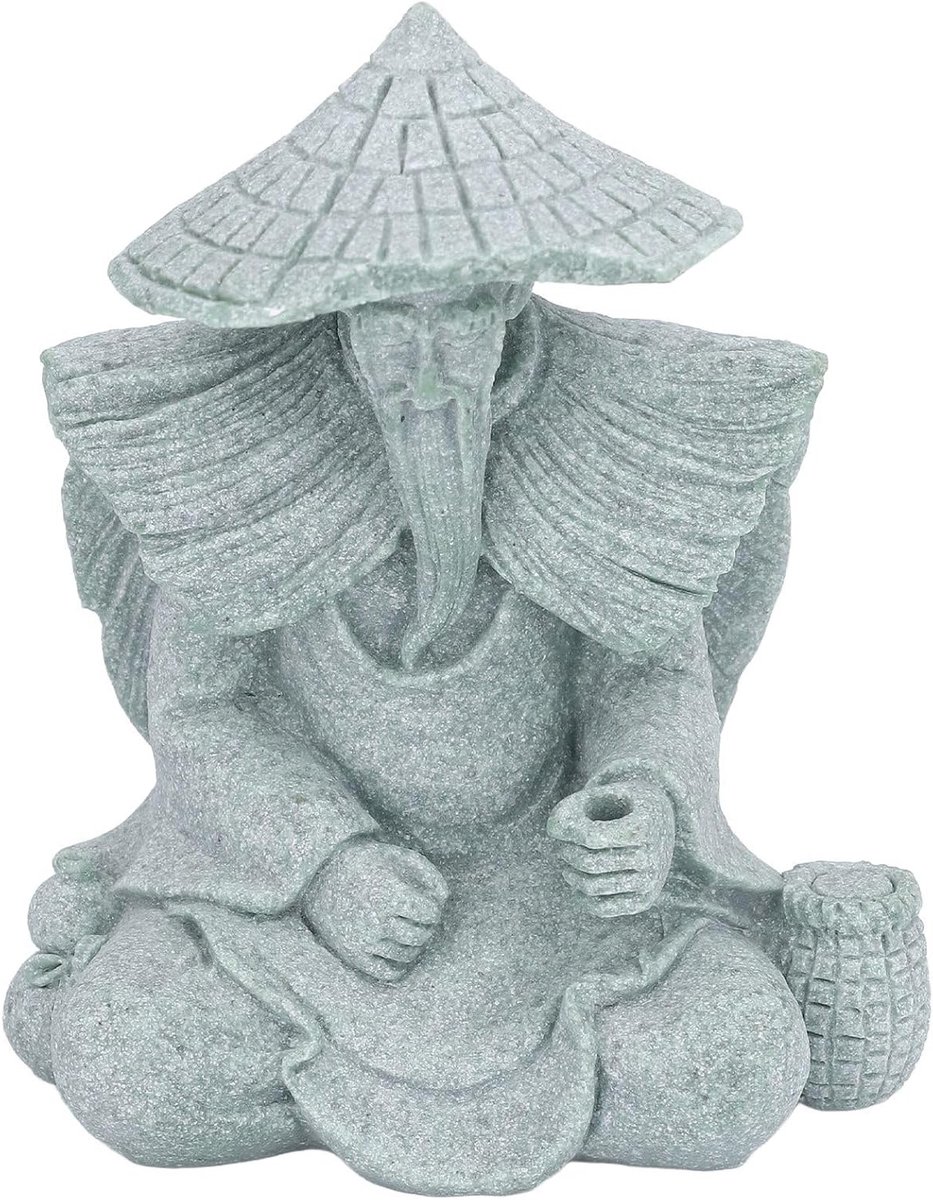 Zittende Vissersbeeld van Hars voor de Tuin, Decoratief Ornament voor Aquarium en Miniatuurlandschap, Unieke Beeldhouwwerk van Oude Man