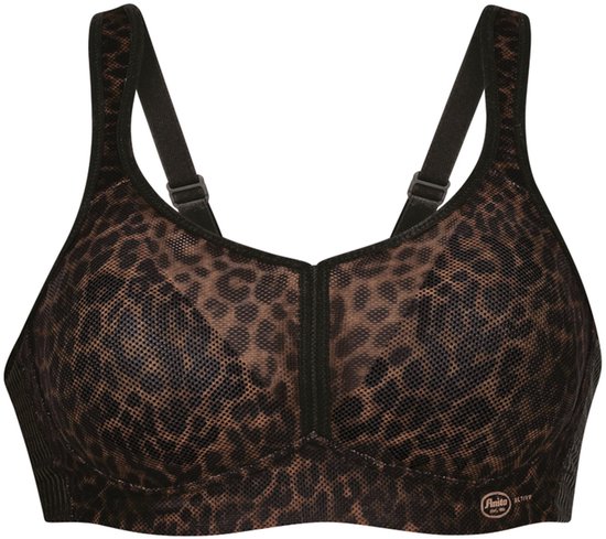 Zwarte sport BH met luipaardprint, cups van mesh, verstelbare bandjes.